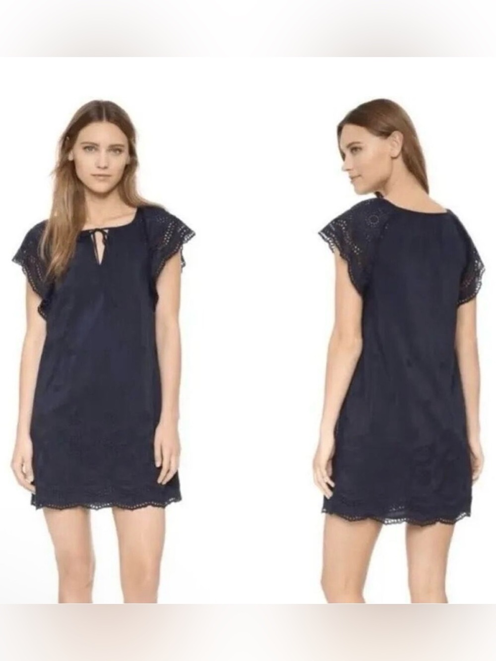 Madewell Navy Eyelet Tie-Front embroidered flutter sleeves silk  Mini Dress S